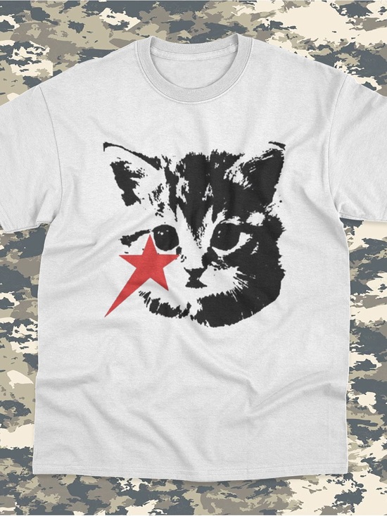 Gildan Tops - White Cat Graphic Tee with Red Star - Pet Cat Design
